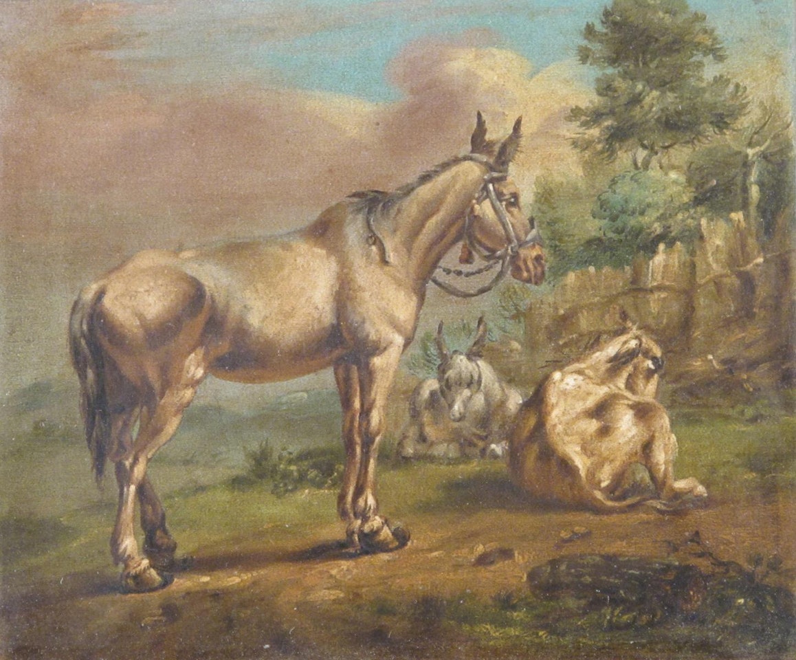 Donkeys in a meadow by Continental School