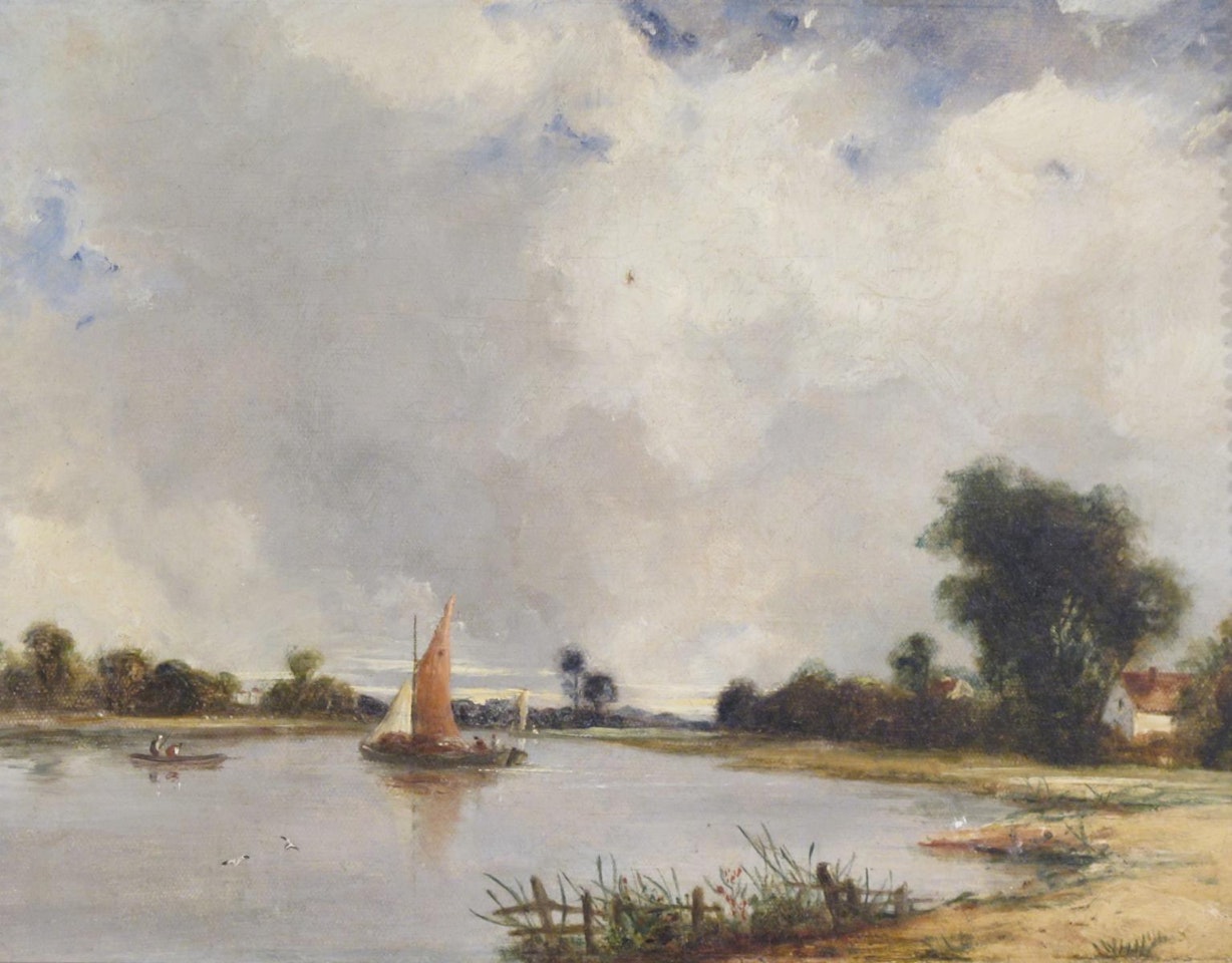 Boats on a river by English School