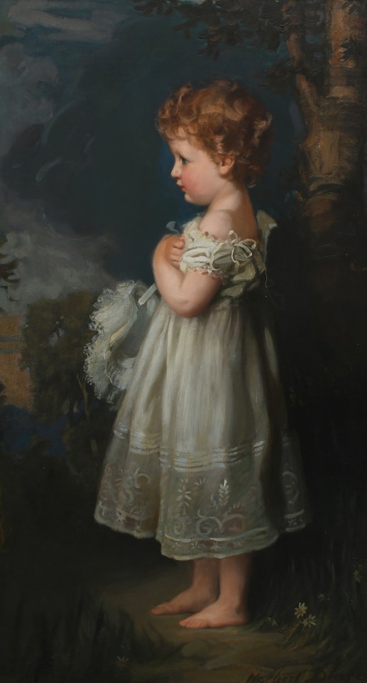 Portrait of Yvonne Draper, the artist"s daughter, as a child, standing full-length in a landscape, wearing her christening gown by Herbert James Draper