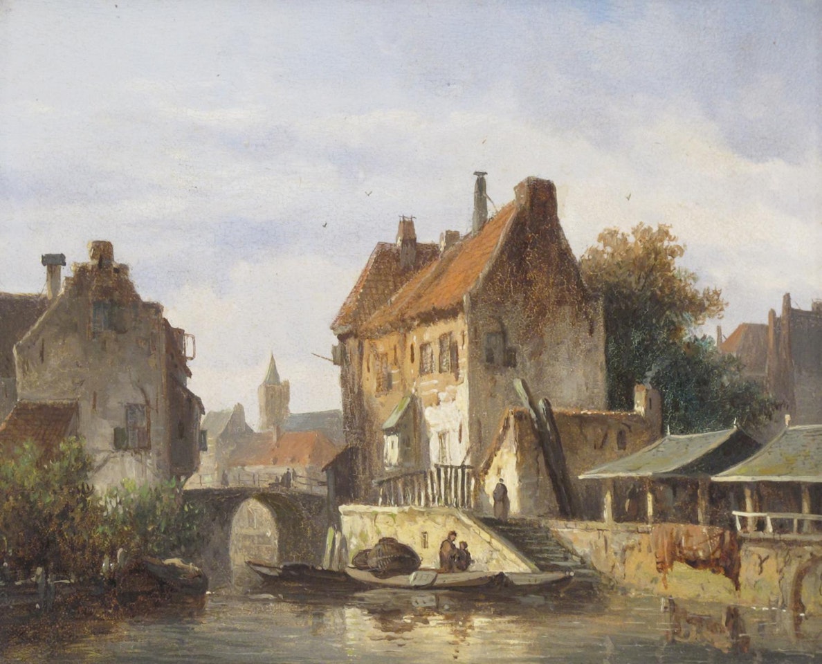 Houses by a canal by Dutch School