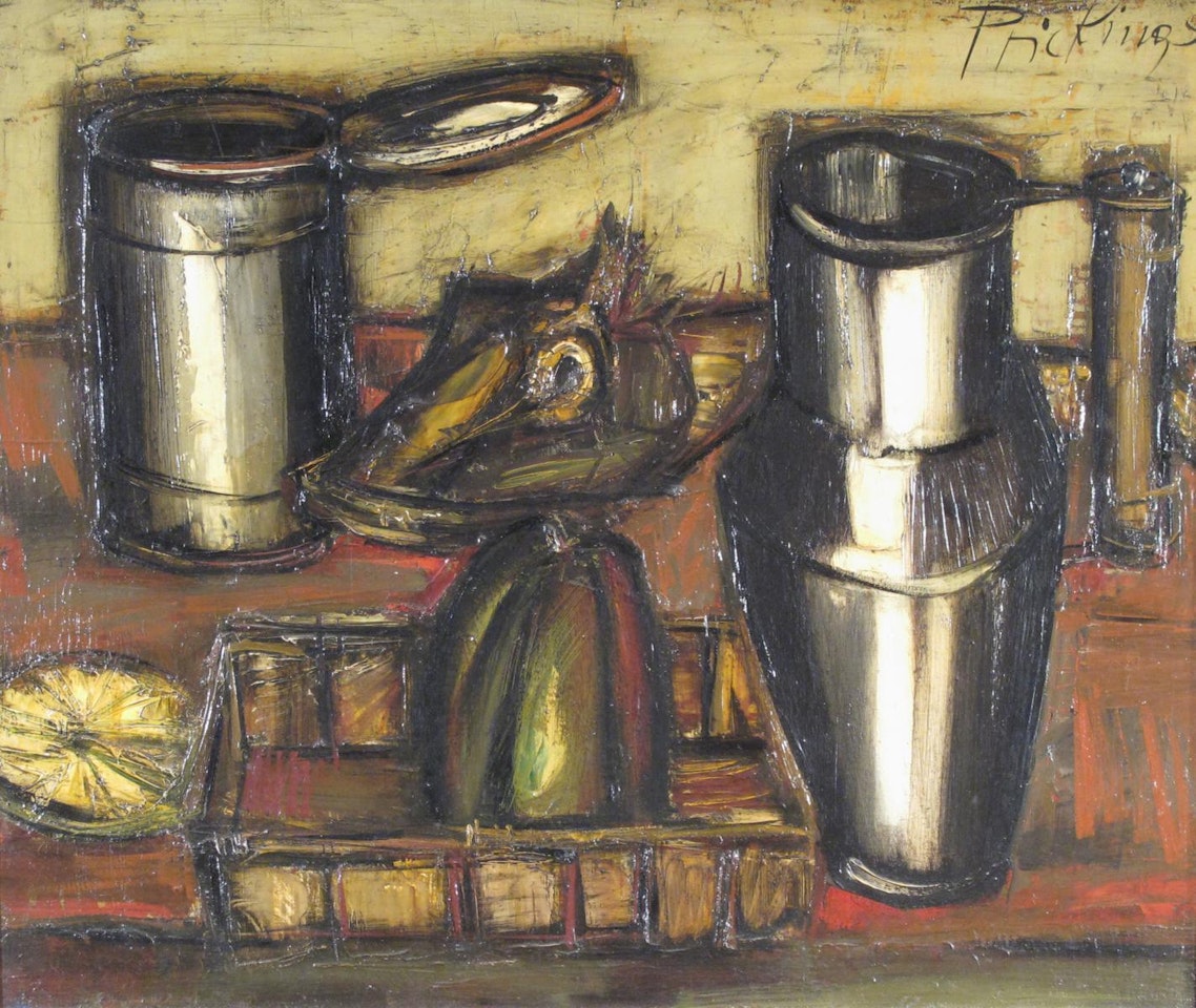 Still life of a jug, a basket, a fish and other objects by Franz Priking