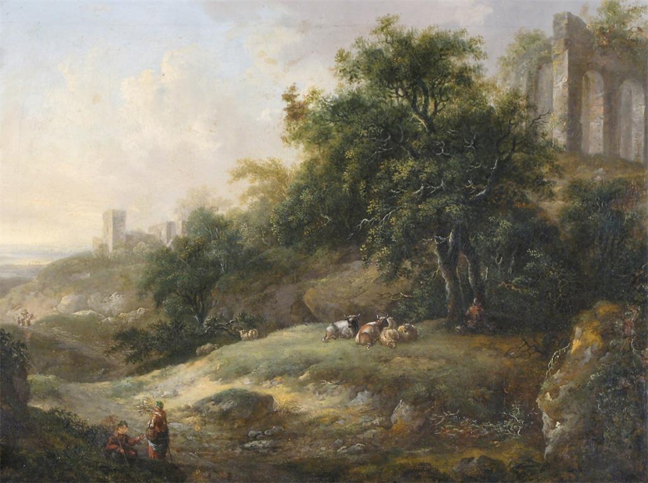 A rustic, cattle and figures resting by ruins in a landscape by Continental School