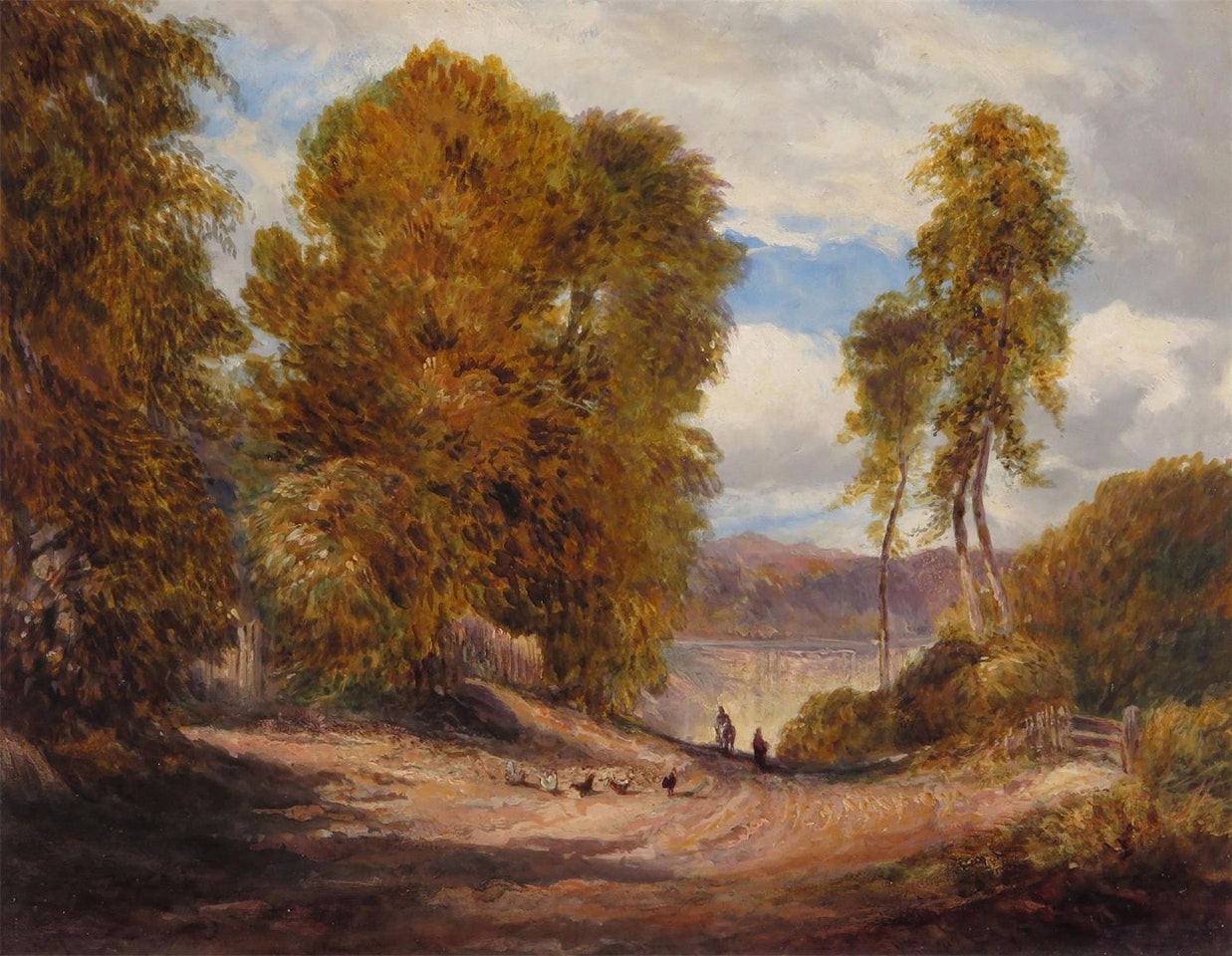 Lake landscape with travellers and chickens by English School