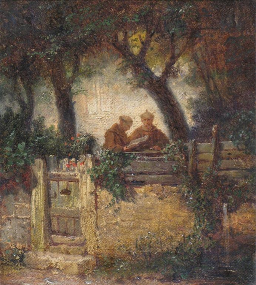 Two monks conversing by a garden wall by Continental School