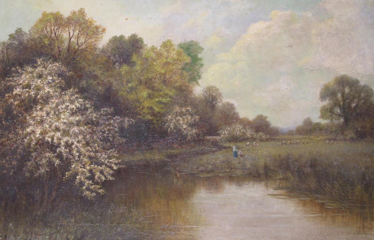 A mother and daughter by a river in a spring landscape by English School