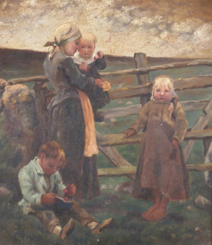 Country children eating cherries by a gate by Dutch School