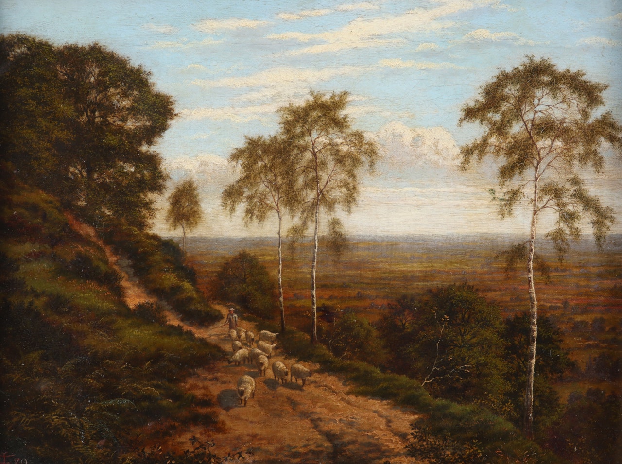 A shepherd and sheep in an extensive landscape by English School
