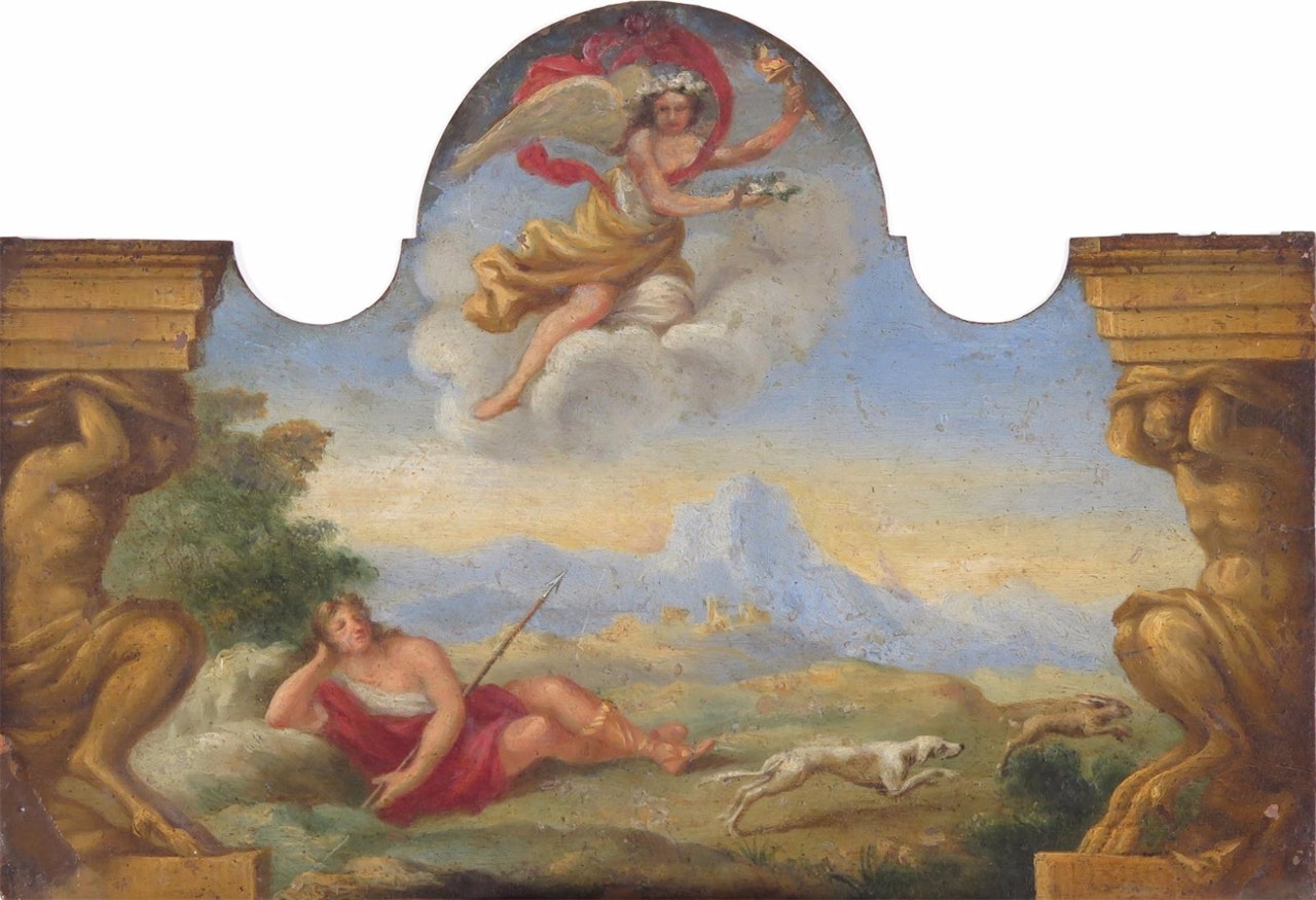 A hunter resting in an Arcadian landscape by Continental School