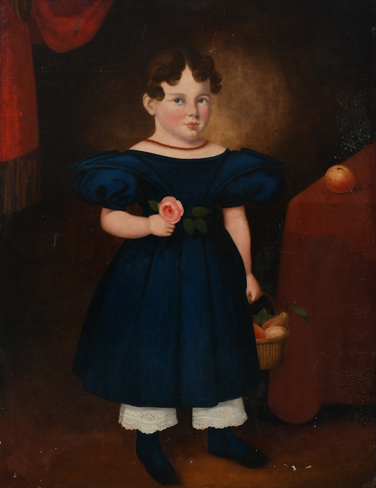 Portrait of a young girl, full length, wearing a blue dress and holding a rose and a basket of fruit by English School
