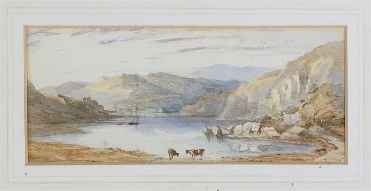 River landscape with a bridge by English School