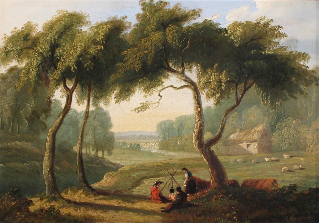 Landscape with rustics by a fire by English School