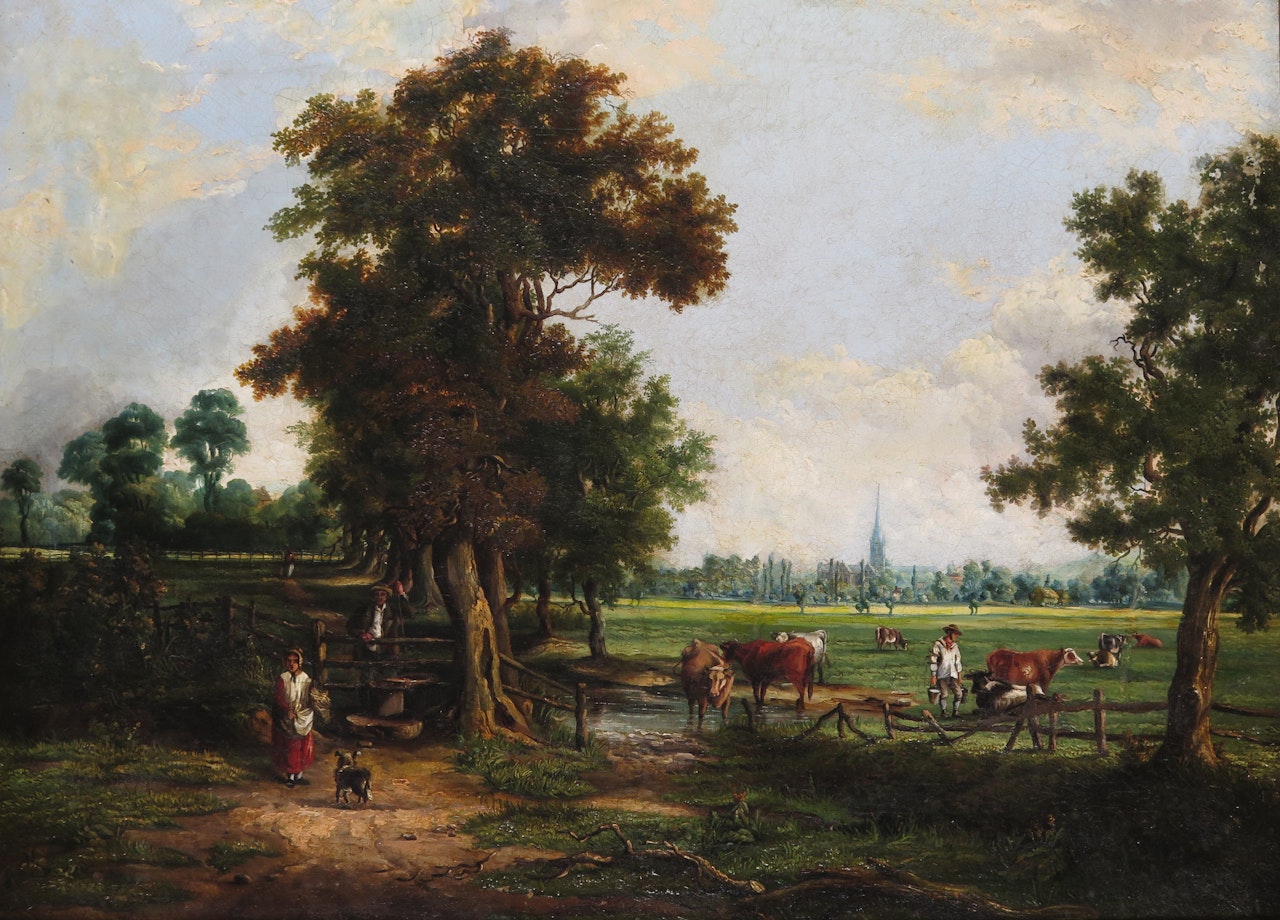 Salisbury Cathedral from the meadows with figures and cattle by English School