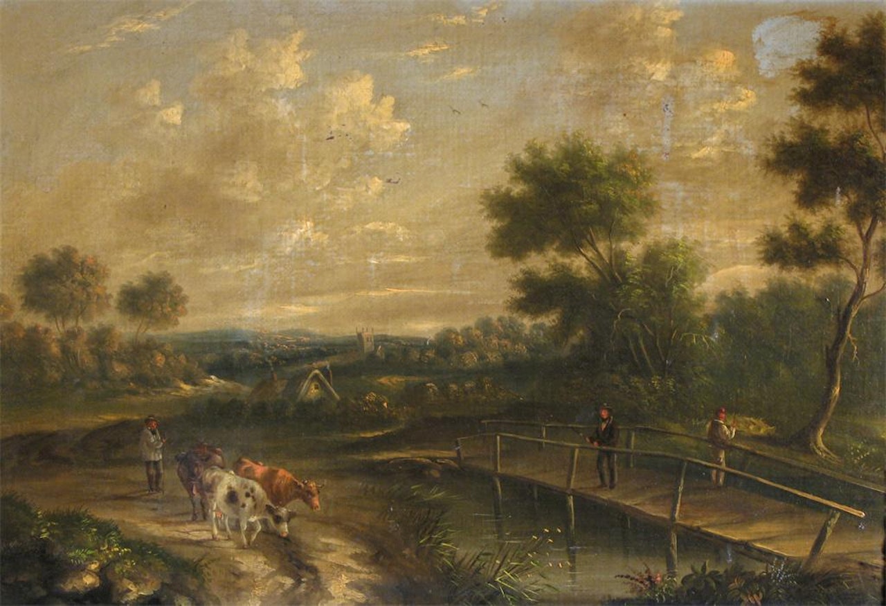 Landscape with cattle and figures fishing from a bridge; Landscape with cattle and figures near a cottage by English School