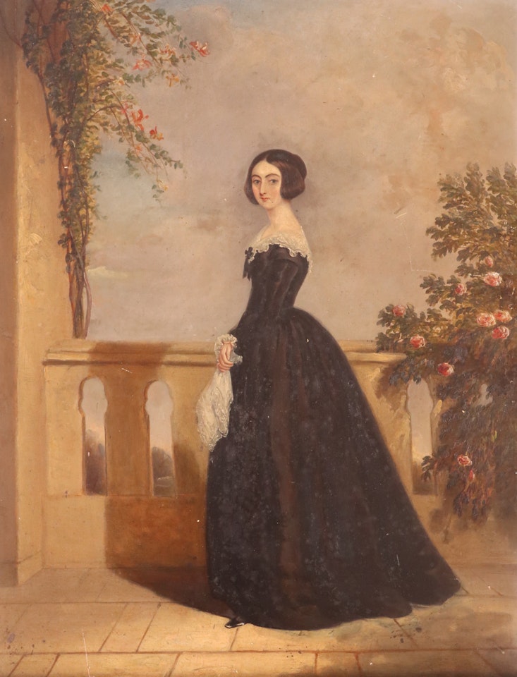 Portrait of a lady standing on a terrace by English School