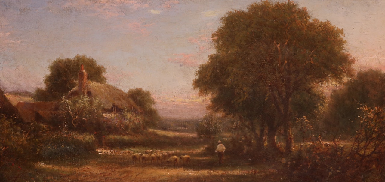 A shepherd and sheep in a landscape at dusk by English School