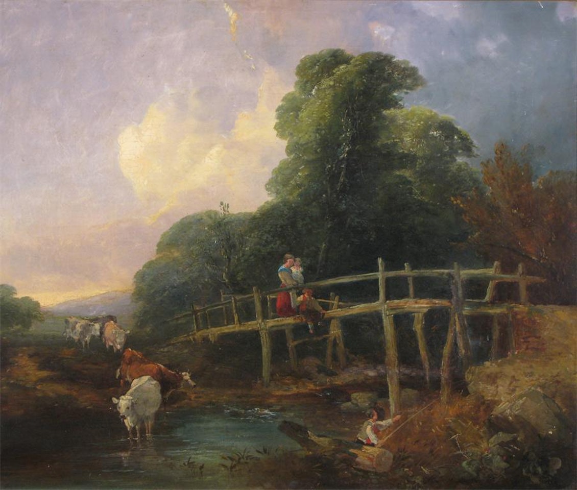 Figures on a bridge with cattle and a man fishing by English School