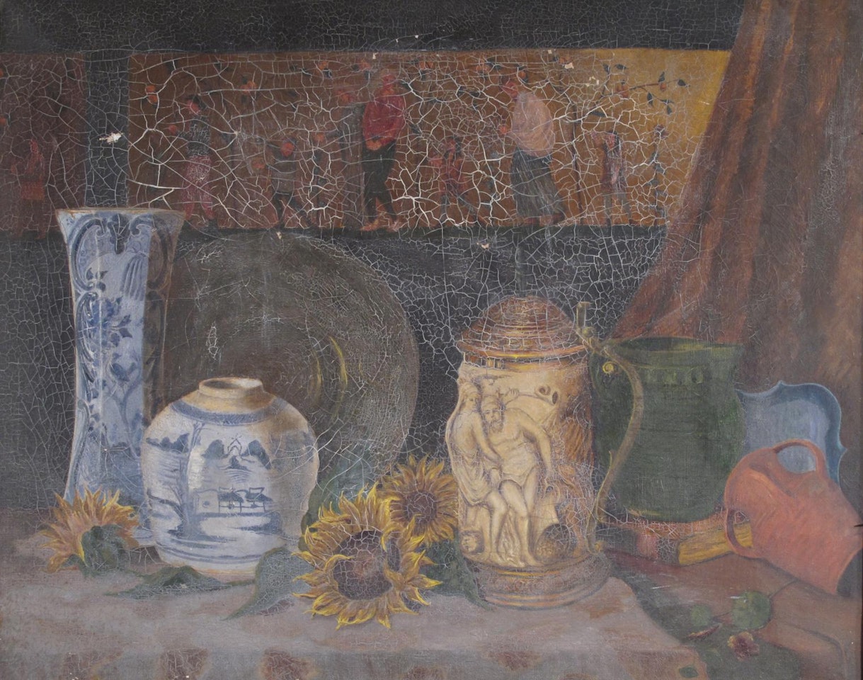 Still life of oriental vases, a tankard and sunflowers on a table by English School