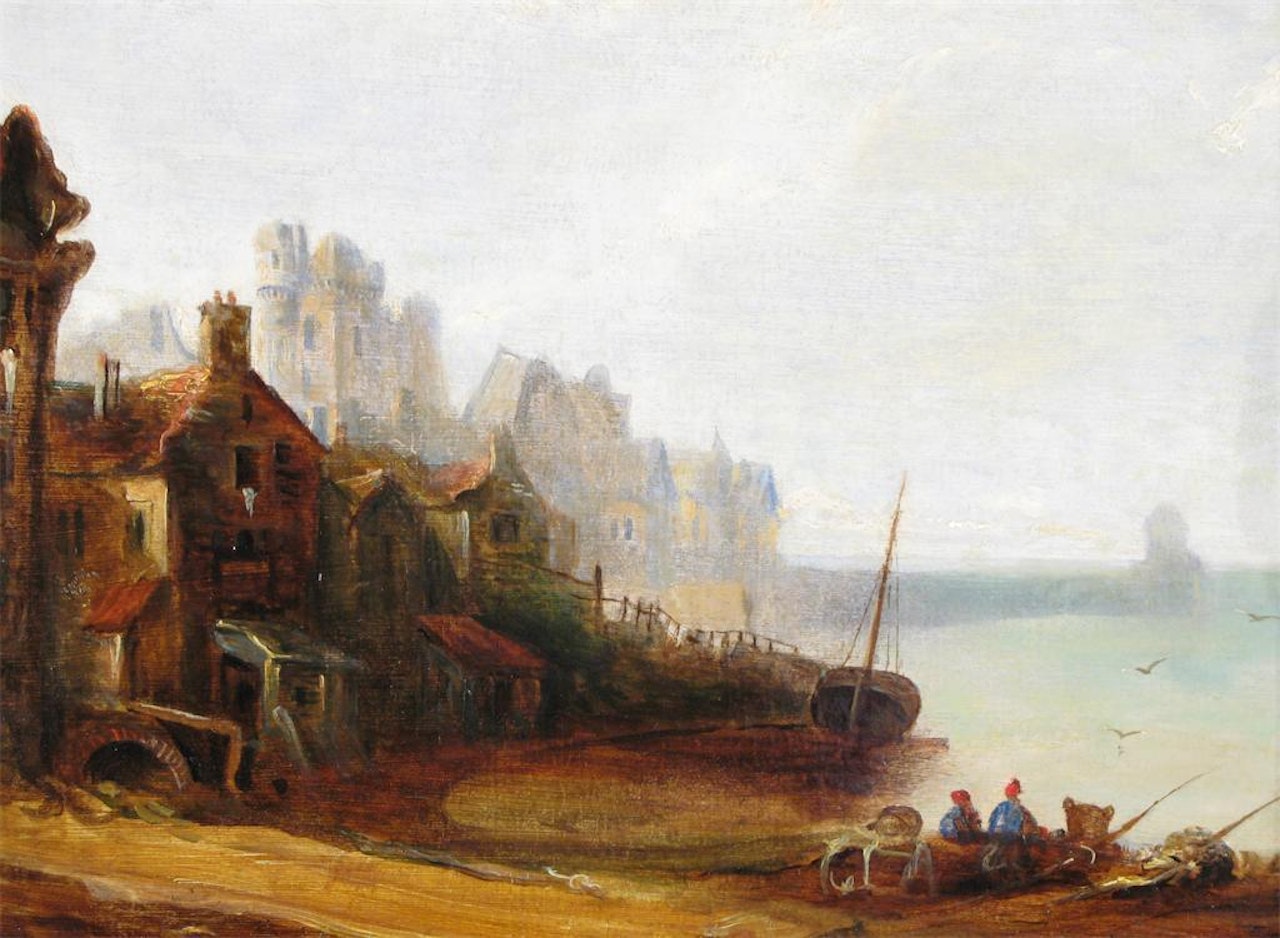 Fishermen in a bay, a castle beyond by English School