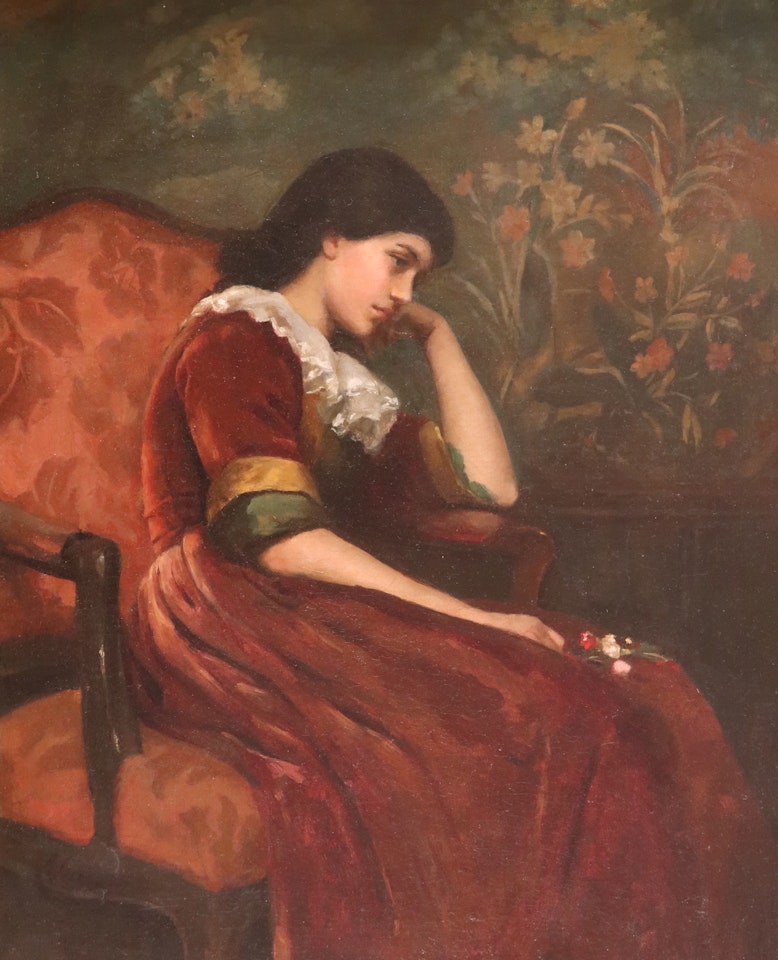 Portrait of a young lady, three quarter length, seated, holding a posy by English School