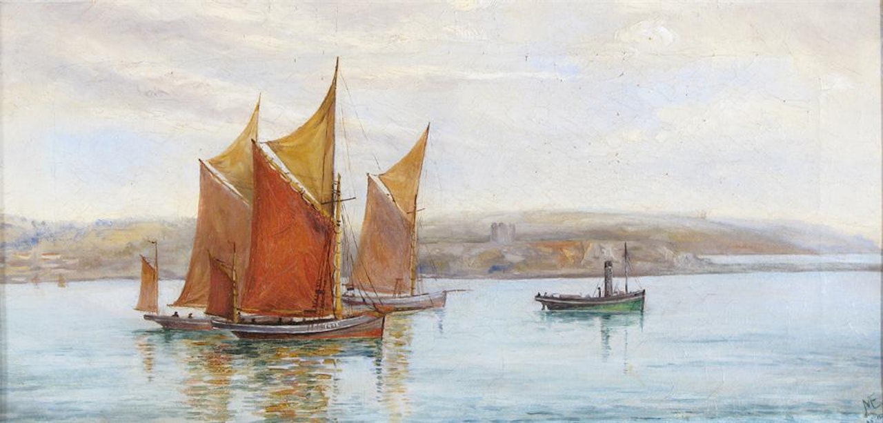 Fishing boats in an estuary by English School