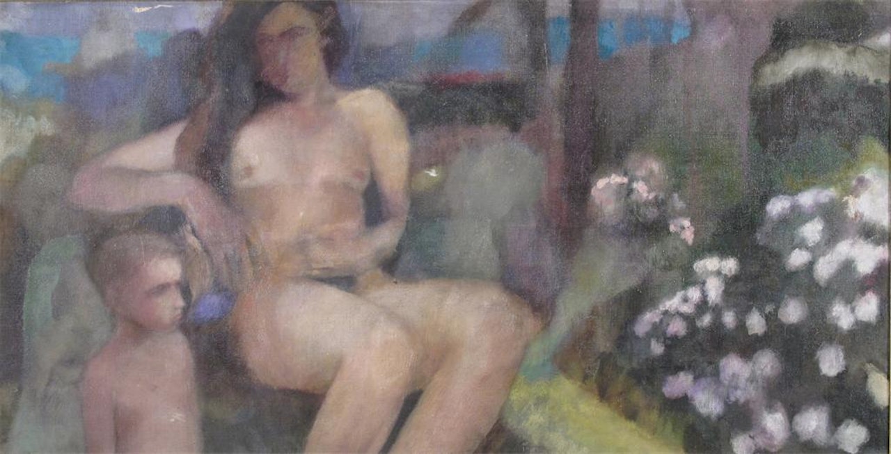 Nude woman seated with a child in a landscape by English School