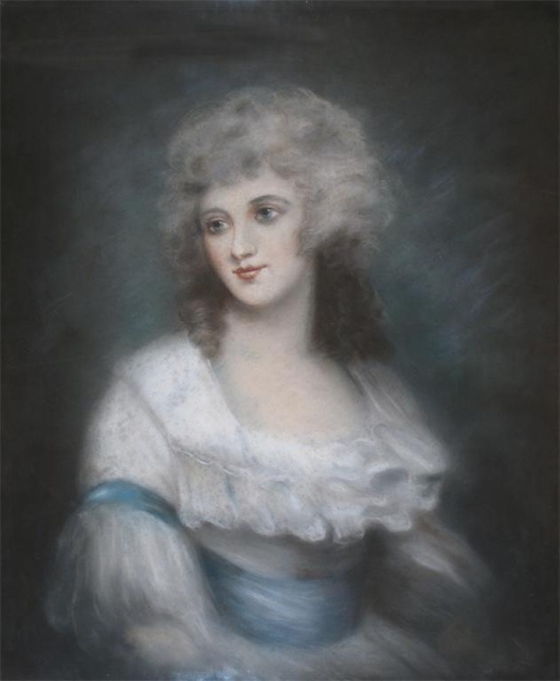 Portrait of a lady in a white and blue dress by English School