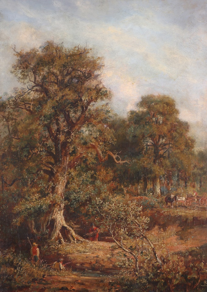 A woman gathering wood and some fishermen in a river landscape by English School