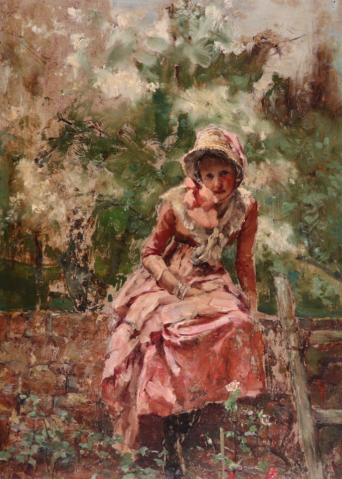 Portrait of a girl seated on a wall, wearing pink by French School