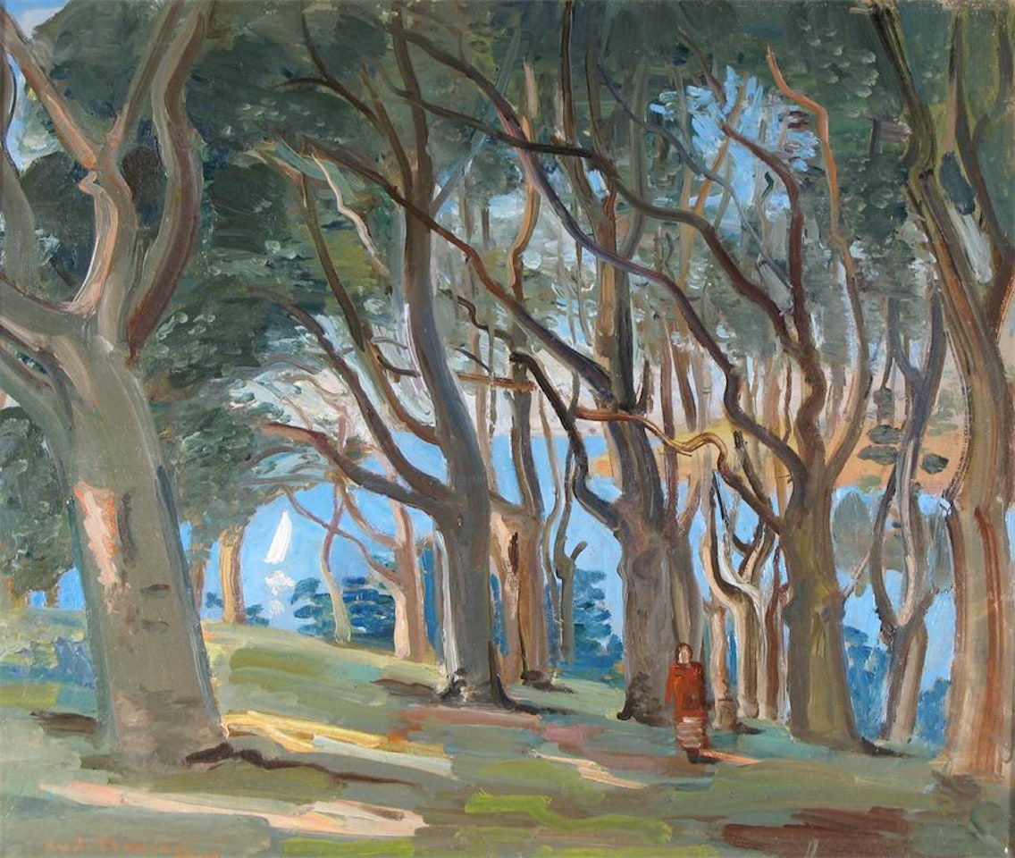 Woodland scene by the sea by French School