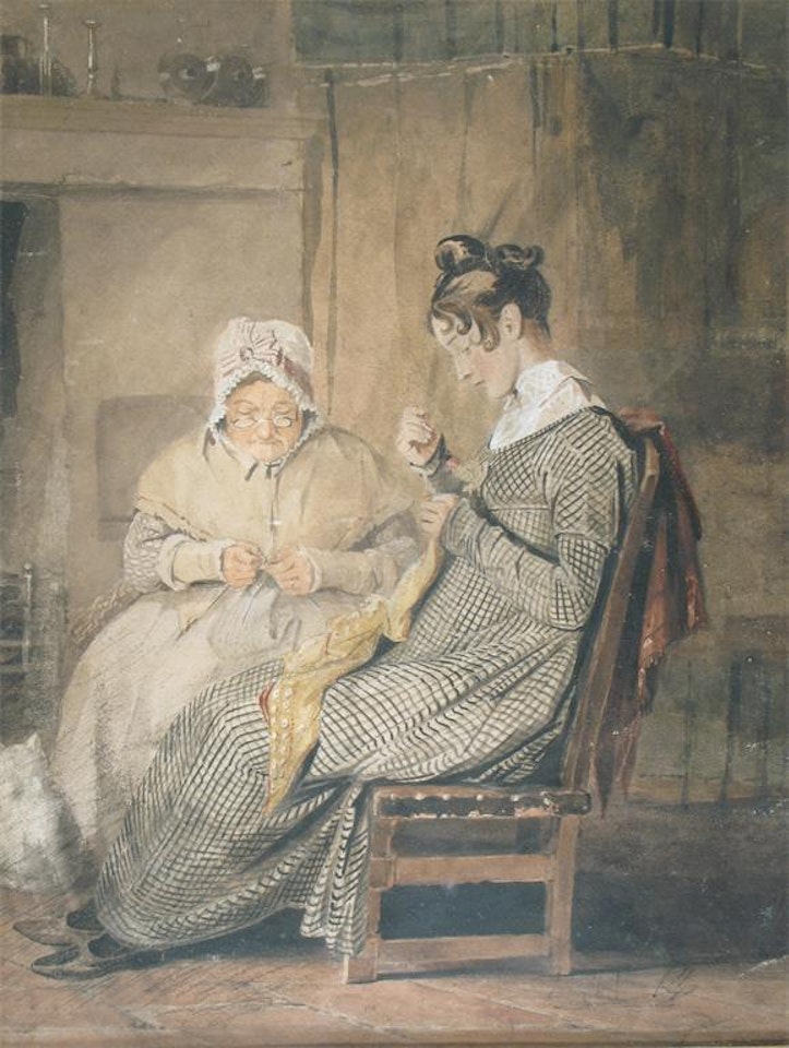 An old and a young woman sewing in an interior by English School