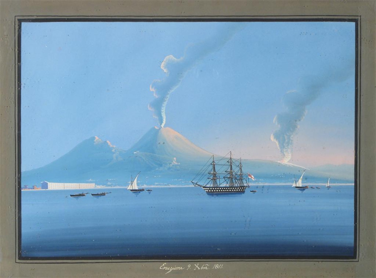 The eruption of Vesuvius in 1861; Naples from the sea by Neapolitan School