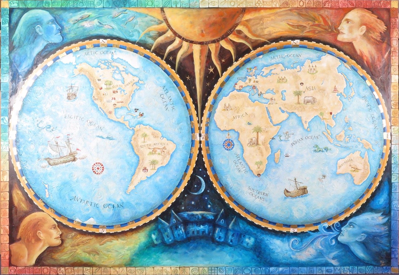 World map with distilleries and other notations by English School
