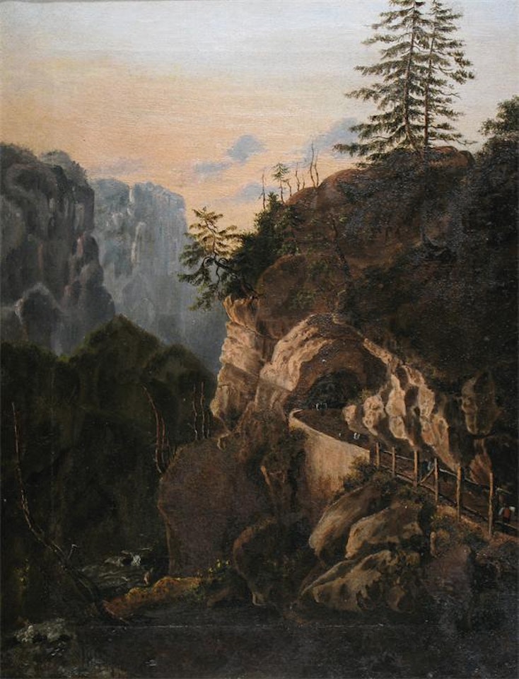 Figures on a mountain pass in an alpine landscape by Continental School