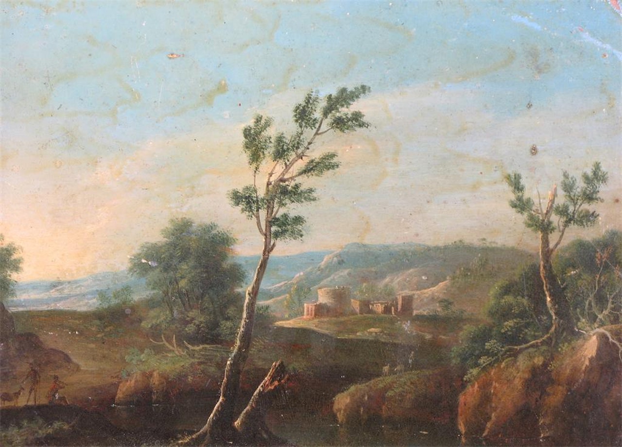 Huntsmen in a landscape near a castle by Flemish School