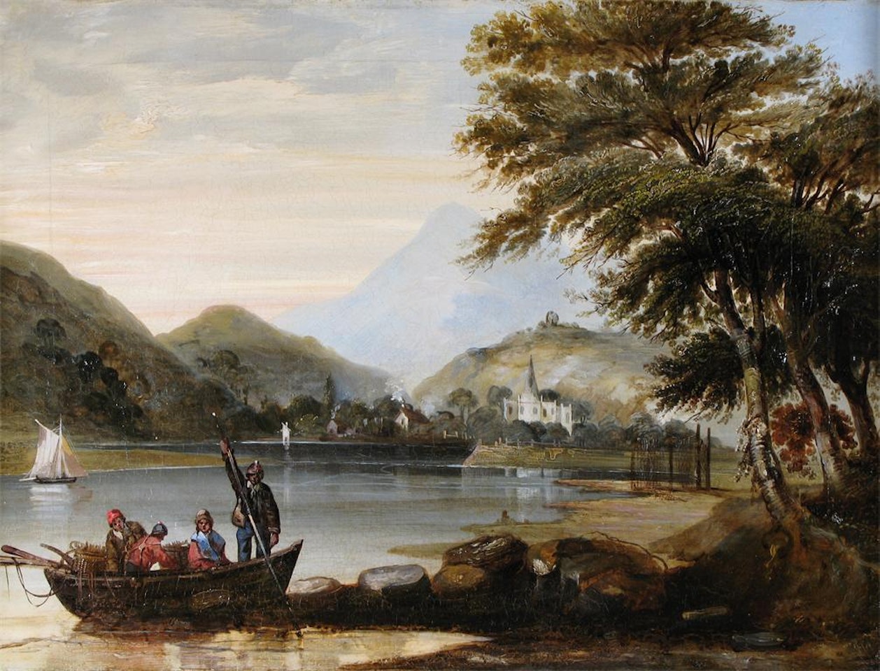 Lake landscape with figures in a boat by English School