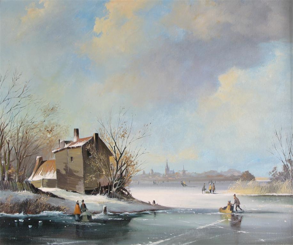 Winter lake landscape with skaters by Dutch School