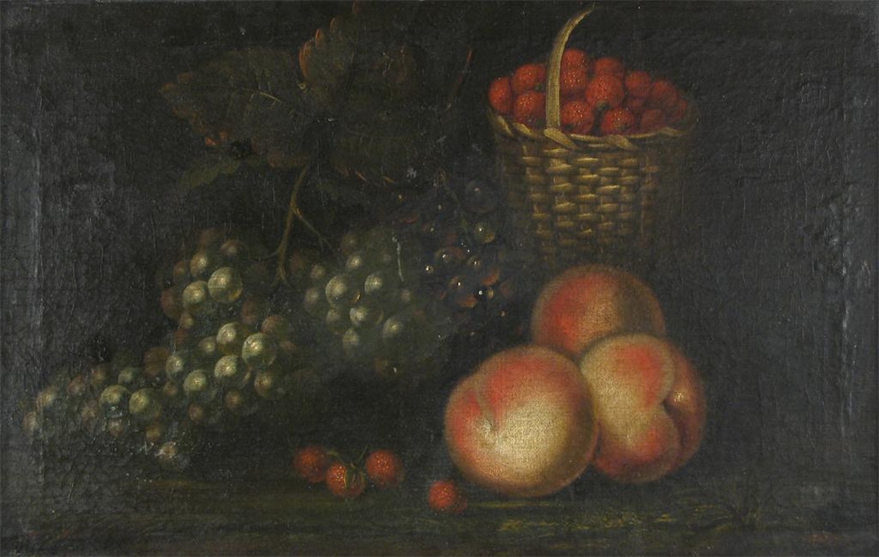 Still life of peaches grapes and a basket of raspberries by Flemish School