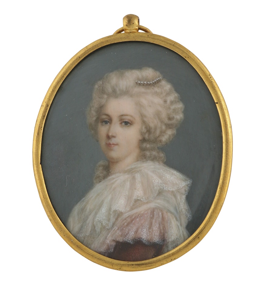 Portrait miniature of a lady, wearing red dress, lace shawl and pearls in powdered hair by English School