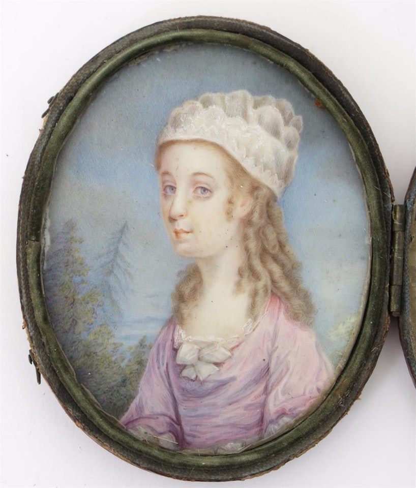 Portrait of Charlotte St. John; half length, facing left, in a landscape by English School