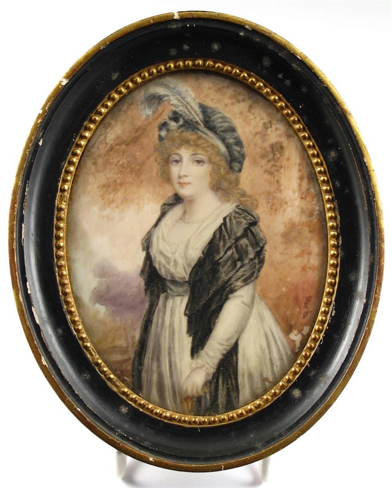 A lady standing, three-quarter length, wearing white with a black shawl by English School