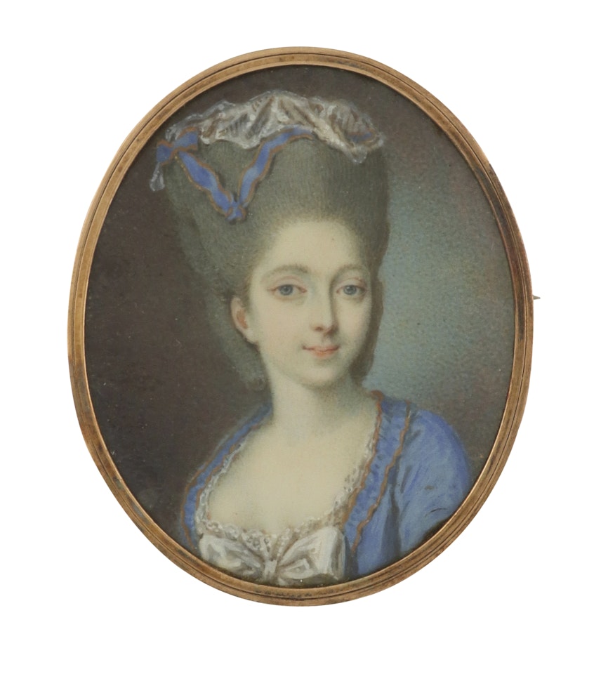 Portrait miniature of a young lady, wearing a blue dress, and lace cap with blue ribbon by French School