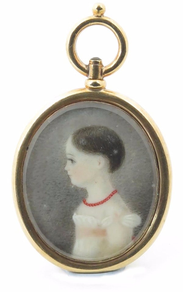 A miniature of a lady, in profile facing left in a white bonnet by English School