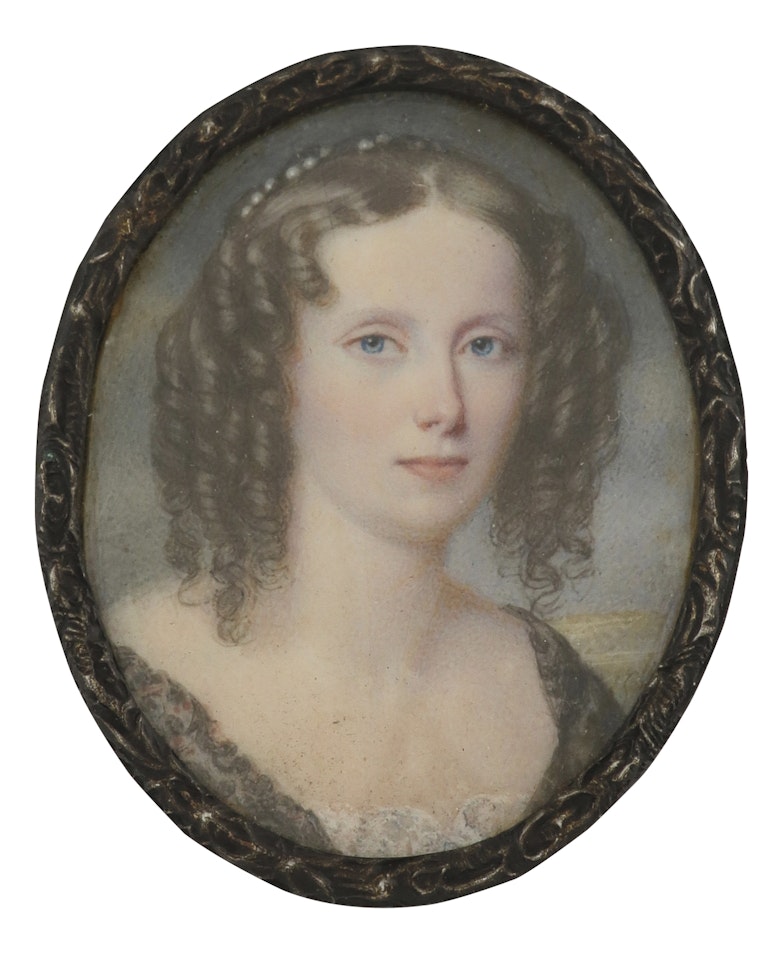 Portrait miniature of a young lady, ringlets and pearls in her hair and a black shawl by English School