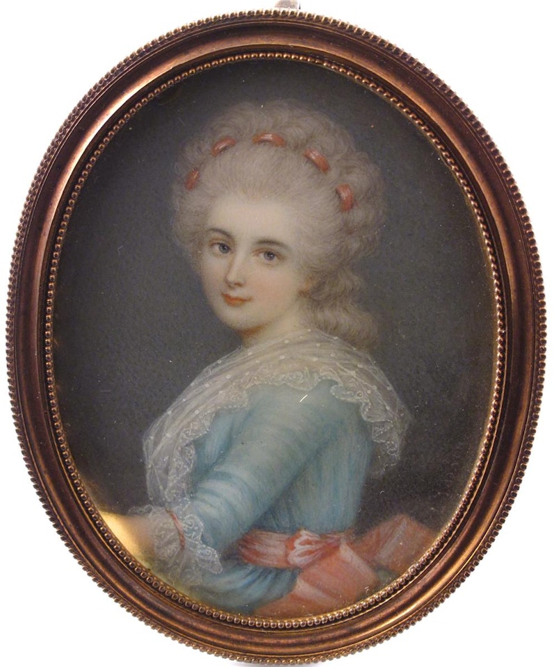 A young lady, half length in a blue dress with a pink sash by Continental School