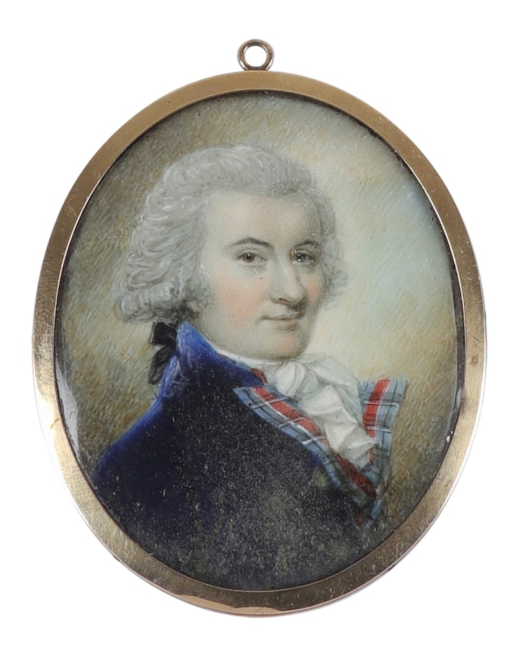 Portrait of a gentleman with powdered hair, in a blue coat with tartan collar, and white stock by English School