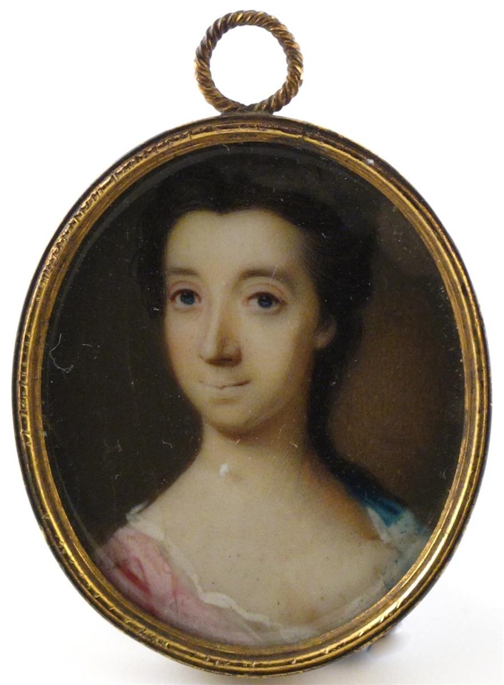 A lady, head and shoulders, wearing pink by English School