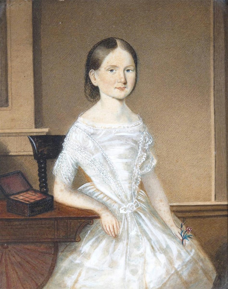 Portraits of two girls, both half length in an interior by English School