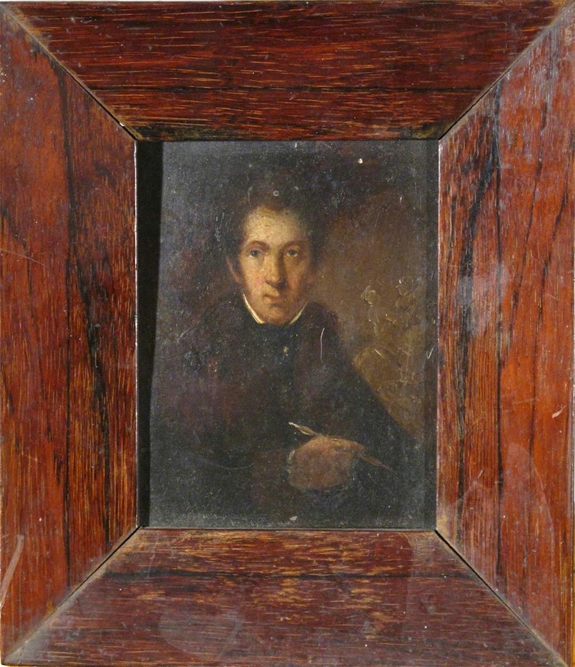 A gentleman, wearing brown, holding a pen by English School