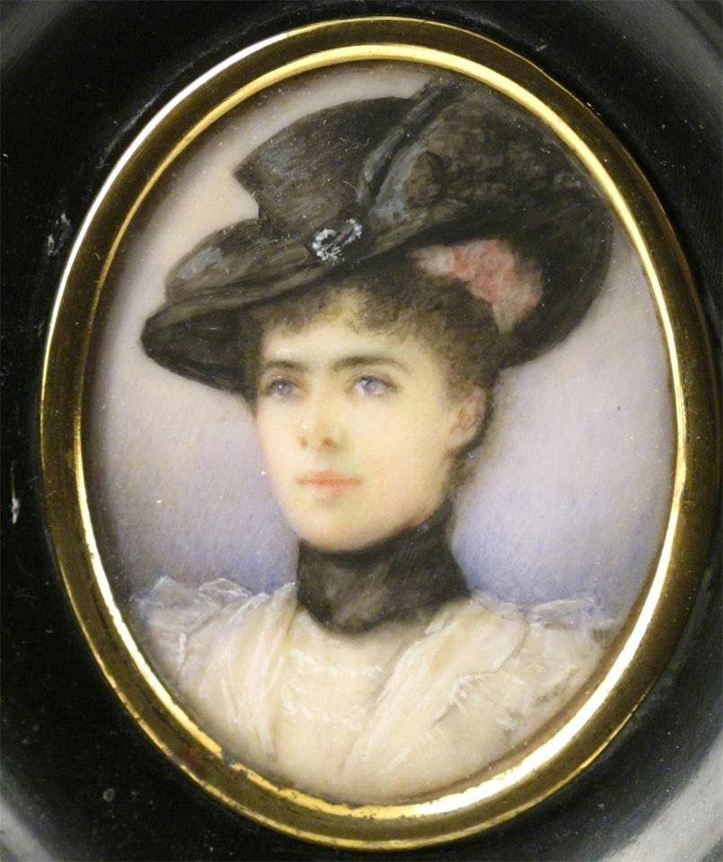 A lady, head and shoulders wearing a black hat by French School