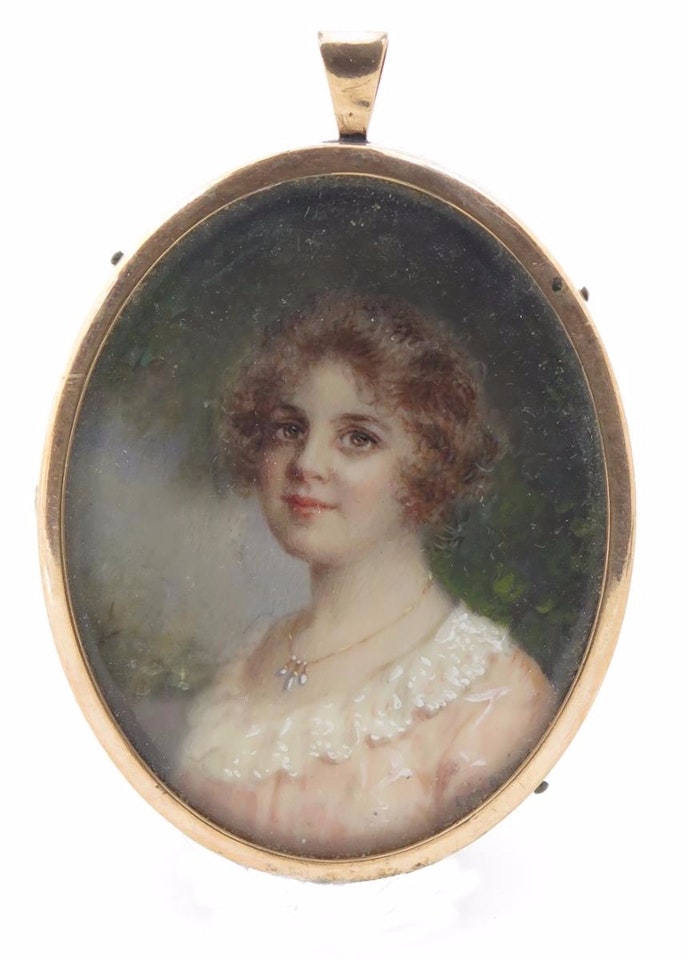 A lady, head and shoulders in pink, facing left by English School